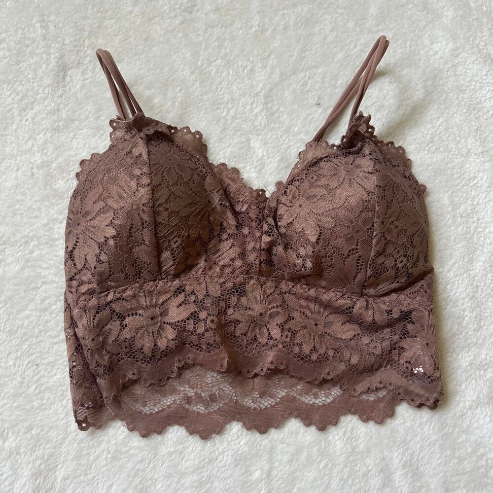 Duufin Brown lace wireless bralette floral removable padding small med like new